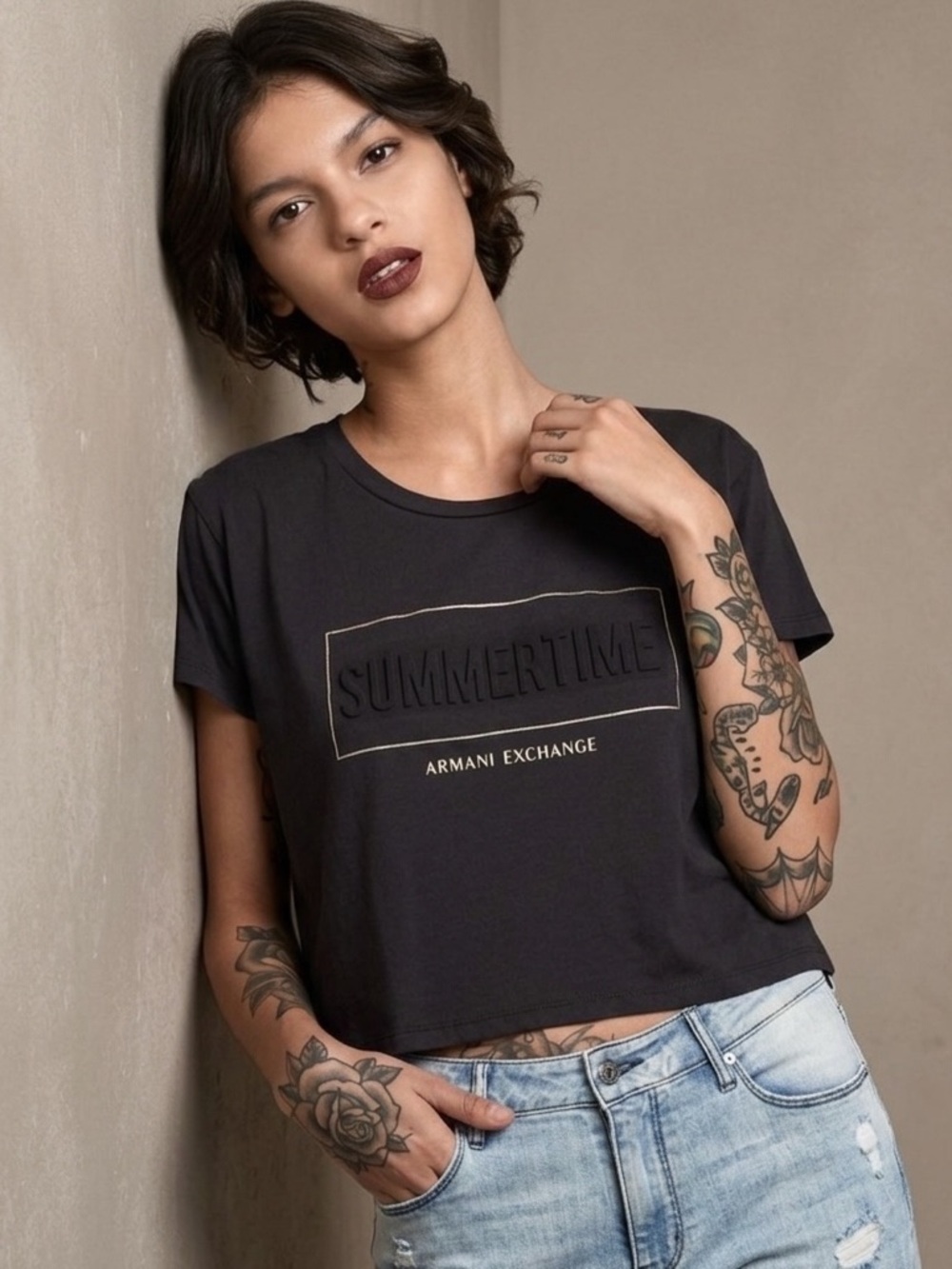 Armani Exchange AX Cropped Boxy Tee Logo Graphic T-Shirt Dark Gray XL